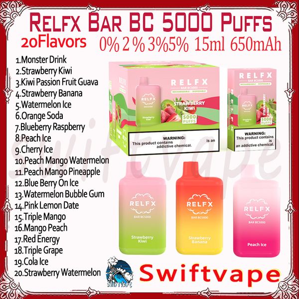 Authentique Relfx Bar BC5000 Puff Jetable E Cigarette 20Flavors 15ml 0% 2% 3% 5% 650mAh Batterie rechargeable 5K Puffs Vapes Pen Kit de démarrage Source Fabricant