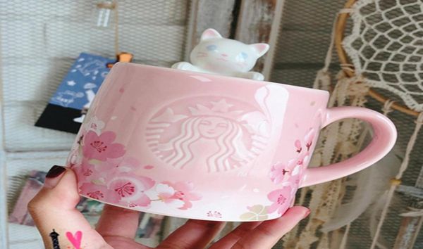Authentique série de fleurs de cerisier Sakura s rose 355 ml tasse de chat heureux tasse en céramique 3348381