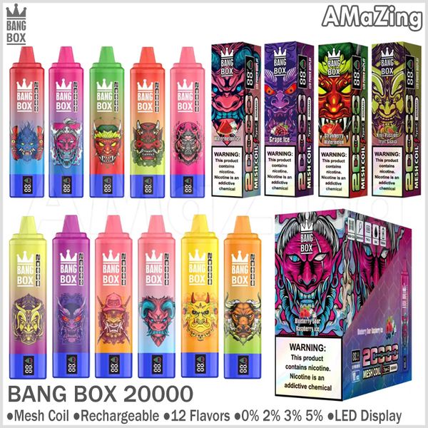 Bang Box Puff 20k 20000 Puffs Pen de vape desechable con cigarrillos electrónicos de bobina de malla recargable de pantalla inteligente 0% 2% 3% 5% Vaper 12 colores