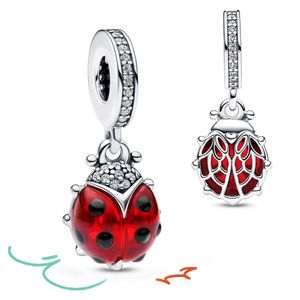 Authentic Sier Red Ladybird Murano Glass Dangle Charm Fit Original Pan Bracelet DIY Girls Fine Jewelry Gift