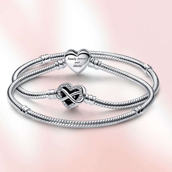 Pulseras auténticas de Sier de plata de ley para mujer, pulsera de cadena de serpiente con cierre de corazón infinito brillante, cuentas, regalo de amor