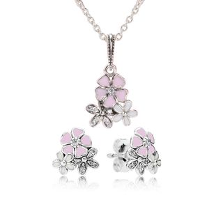 Authentieke Sterling Sier roze emaille bloem hanger ketting oorbel set met doos voor sieraden dames oorbellen