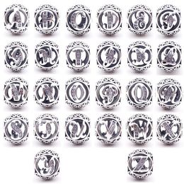 Cuentas de plata de ley auténtica con 26 letras de cristal, abalorios de alfabeto sueltos con agujero grande para pulseras, fabricación de joyas, suministros para manualidades