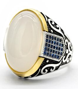 Authentique anneau de zircon bleu turc sterling antique et pierre d'agate blanche men039