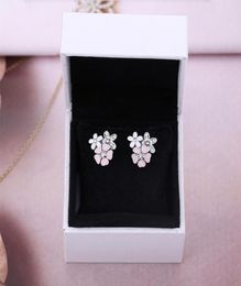 Authentique boîte de boucles d'oreilles fleurs en argent Sterling pour marguerite émail rose jolies femmes filles boucles d'oreilles ensembles4391917
