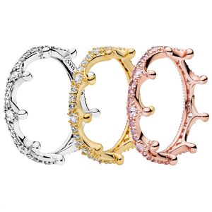 Auténticos anillos de corona espumosos de plata esterlina con caja original para Pandora Joyería de boda chapada en oro amarillo CZ Juego de anillos de diamantes para mujeres niñas