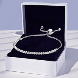 Auténtica plata esterlina Sparkling Slider Tennis Bracelet Mujer Diseñador de bodas Joyas con caja original Para pandora novia Regalo Pulseras de cadena de mano