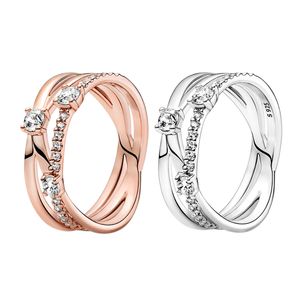 Auténtico Ring de Banda Triple de plata esterlina Joyería de diseñador de bodas para mujer para anillos de amor de oro rosa pandora con set de caja original