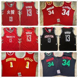 Auténticas camisetas de baloncesto retro cosidas Tracy 1 McGrady Hakeem 34 Olajuwon 13 James Harden four_sports_jerseys