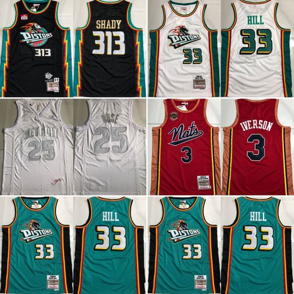 Maillots de basket-ball rétro cousus authentiques 33 Grant Hill 313 Shady 3 Allen Iverson 1 Derrick Rose quatre maillots de sport haut