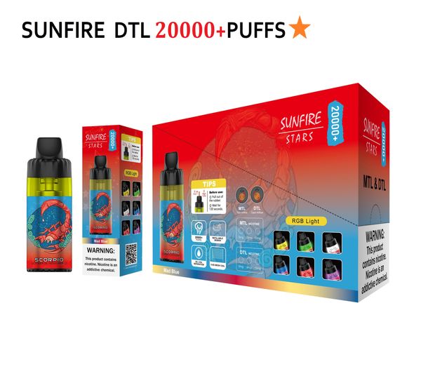 Authentic Sunfire 20000 Puffs Dermable Vape Mesh 0,6 ohm Heavy Smoke Air Flow Alivable Vape DTL Shisha 15000 15k 20K Puffes Brocays stylo populaire