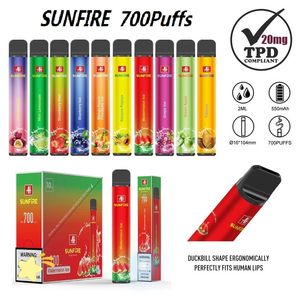 Authentic Sunfire 700 Puffs TPD Vape Disposable 2 ml Préfaisé 10 saveurs enregistrées 20mg E-cigarettes 550mAh Dispositif de vapeur OEM