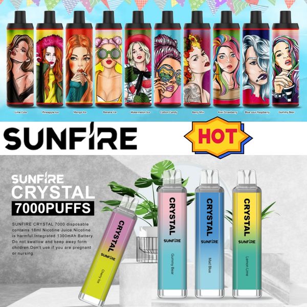 Authentique Sunfire 7000Puffs 8000 9k 9000 2% 5% en option Stylo Vape jetable Kits de cigarettes électroniques Capacité 18ML 1300mAh Batterie Pré-remplie Puff 10k Bars Vapeur