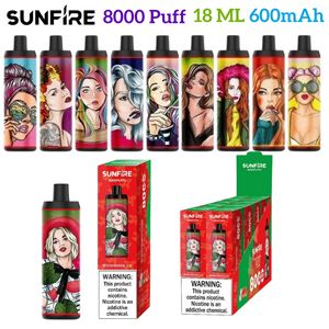 Authentic Sunfire 8000 Puff Vape Vape Puff 8K Vapes Disposables Puff E Cigarette avec flux d'air ajusable Affichage de flux d'air 600 MAH 18ML RECHARGable OEM 10 saveurs