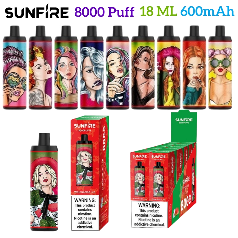 Auténtico Sunfire 8000 Puff desechable vape puff 8k vapes desechables puff E Cigarrillo con pantalla de flujo de aire ajustable 600 mAh 18 ml TypeC recargable OEM 10 sabores