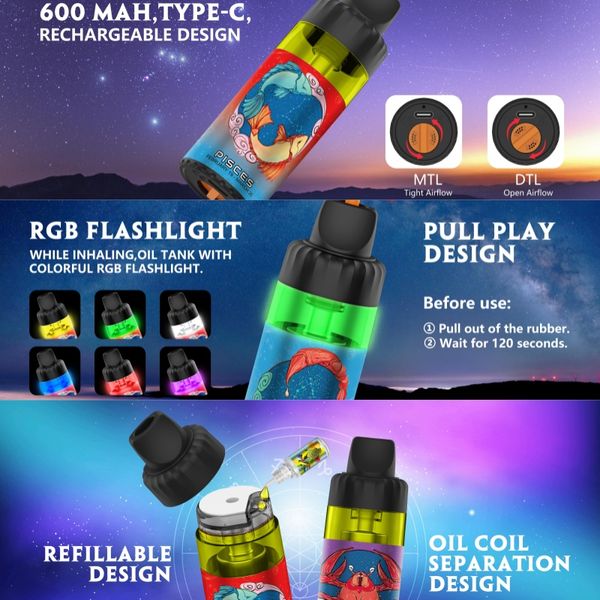 Auténtico Sunfire Stars 20000 Puffs desechables E CIROTETA RGB 30ml Precilado 600 mAh Vape recargable Diseño de fugas Diseño de vapor Vapor Mod Kits Open System Vape