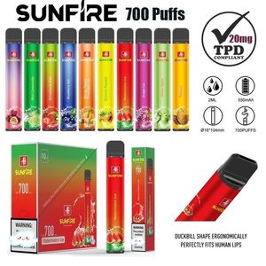 Authentic Sunfire TPD 700 Puffs Pen de vape jetable 2 ml Préfaisé 10 saveurs enregistrées 0mg 20mg 30mg 50mg E cigarettes 550mAh