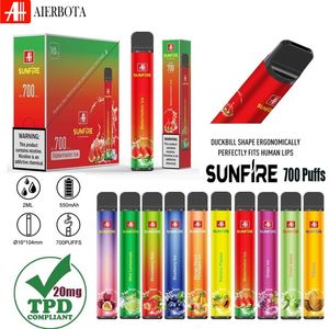 Authentique Sunfire TPD 700 Puffs Vape Disposable 2ML Préfaisé 10 saveurs enregistrées 0mg 20mg 30mg 50mg E cigarettes 550mAh