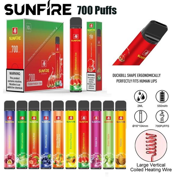 Auténtico Sunfire 700 bocanadas desechables ECIG 2ml Precañimentación 10 sabores registrados 20 mg E cigarrillos 550mAh Suministro del fabricante del dispositivo de vapor