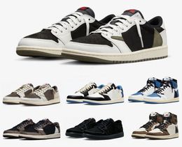 Authentique Chaussures Travis 1 High OG Military Blue Fragment Low OG Reverse Moka Olive Black Phantom Cactus Jack Baroque Brown Hommes Femmes Sports Snekaers With Box