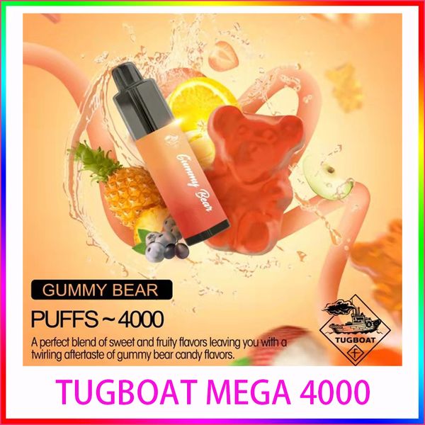 Authentique Tugboat Mega 4000 Puff Vape jetable Cigarette électronique Kit de dosettes jetables Contrôle du flux d'air 1000mah Batterie crazvapes