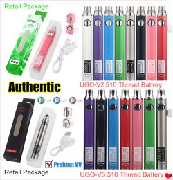 Authentique UGO-V II 2 510 Thread Vape Pen Kits de batterie de préchauffage UGO V3 Tension variable EVOD VV eGo T Cartouche de passage micro USB Cigarettes électroniques Boîte de vente au détail