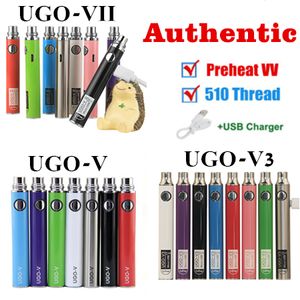 Authentique Ugo-V II 2 EGO 510 Batterie de filetage Vape Pen Ugo V3 Vol V3 Voltage Valtion Préchauffer Kits Evod Micro USB Passthrough Batterys