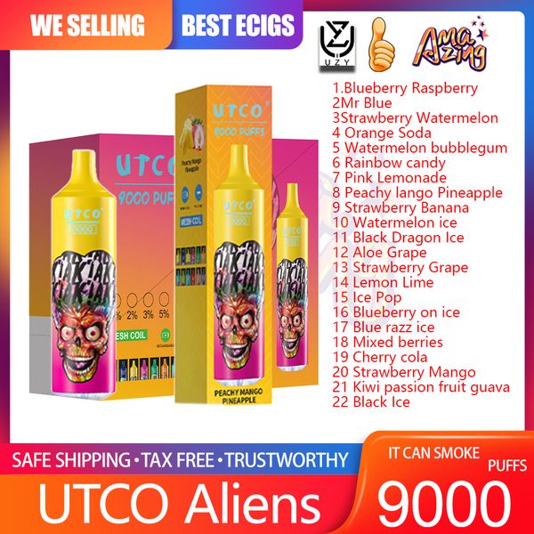 Authentic Utco Aliens 9000 Puff Disposable Vape 22 saveurs 18 ml Dispositif préfabillé 850mAh Type-C Batte de batterie Rechargeable Bobine 9K E Cigarettes