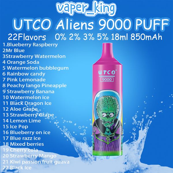 Authentic Utco Aliens 9000 Puffs Vape Disposable 22 saveurs 18 ml Dispositif préfabillé 850mAh Type-C Battre de batterie rechargeable Bobine 9K E Cigarettes
