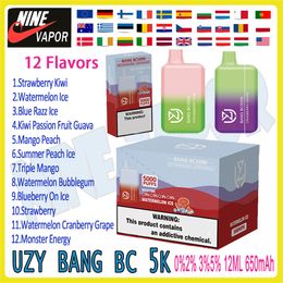 Authentique UZY Bang BC5000 Puff Jetable E Cigarette 12 Saveurs 650mAh Batterie Rechargeable 12ml Dispositif Puff 5K 0% 2% 3% 5% Vape Pen Kit