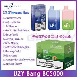 Authentique cigarette électronique UZY Bang BC5000 Puff 12 saveurs 12 ml Pod Mesh Coil 650 mAh Batterie rechargeable Puffs 5 Kit 0% 2% 3% 5% niveau