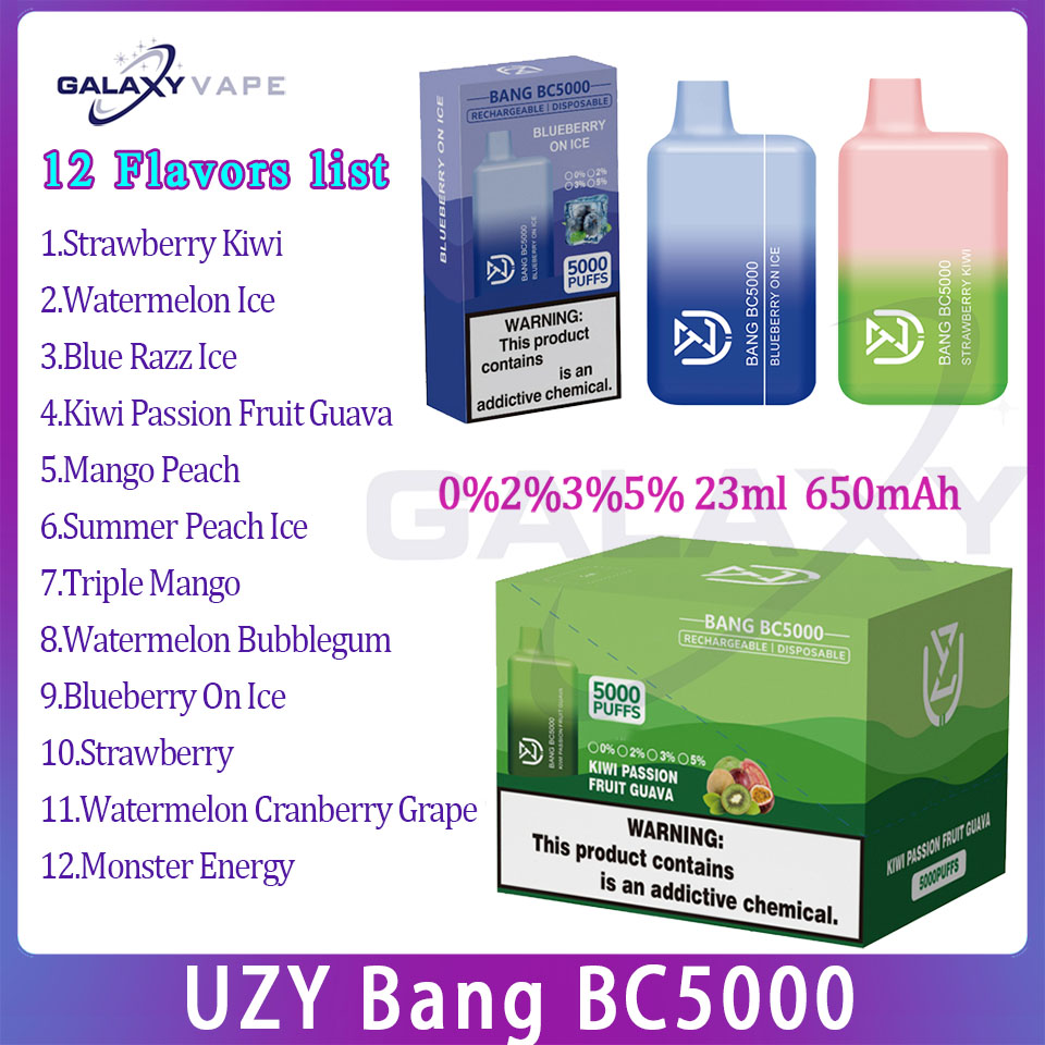 Аутентичная электронная сигарета UZY Bang BC5000 Puff, 12 вкусов, 12 мл, сетчатая катушка, 650 мАч, перезаряжаемая батарея, затяжки, 5K, уровень 0%2%3%5%