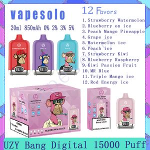 Authentieke UZY Bang Digital 15000 Puff Wegwerp E-sigaretten Rookwolken 15 k 20 ml Voorgevulde vloeibare vape-pen 850 mAh Oplaadbare batterij Vaporizer 12 smaken