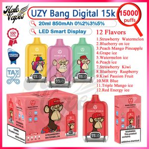 Authentieke UZY Bang Digital Puff 15000 Wegwerpvape-pen 0% 2% 3% 5% Sterkte 20 ml Pod Vaper 850 mAh Oplaadbare batterij Mesh Coil Puffs 15k E-sigaret LED-display Vaper