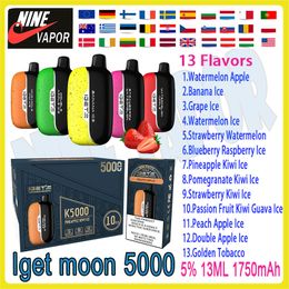 Authentique cigarette électronique jetable Iget Moon 5000 bouffées, 20 saveurs en stock, batterie 1750mAh, 13 ml 100% véritable stylo à cigarette électronique