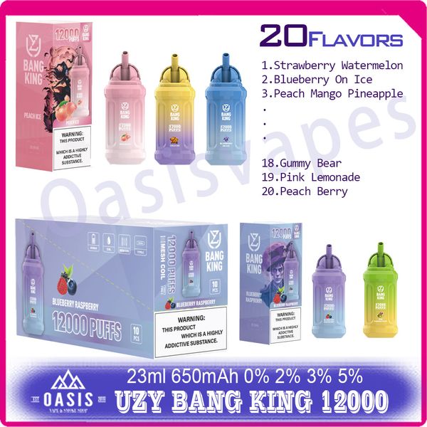 Authentique UZY BANG KING 12000 Puff Jetable E Cigarettes Puffs 12k 23ml Stylo Vape Liquide Prérempli 650mAh Rechargeab le Vaporisateur de Batterie 20 Saveurs