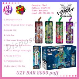 Authentique UZY Bar 8000 Puff jetable Vape Pen Mesh Coil 18 ml Pod pré-rempli 600 mAh Batterie rechargeable 0% 2% 3% 5% Évaporateur 8k E Cigarette 10 Saveurs en stock