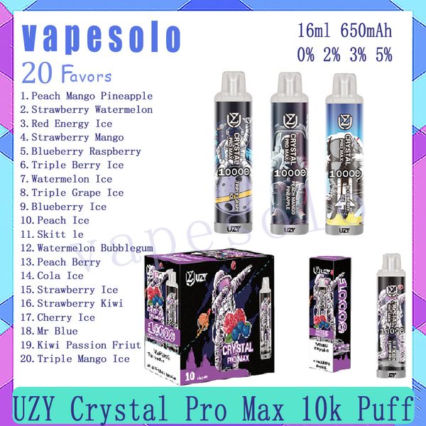 Authentique UZY Crystal Pro Max 10000 Puff Jetable E Cigarette Vape Pen Puffs 16 ml Liquide pré-rempli 650 mAh Batterie 20Flavors Vaporisateur