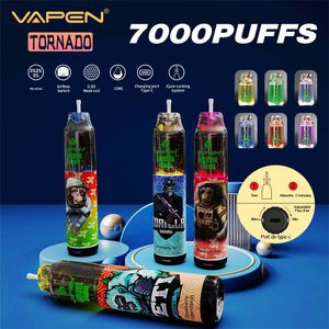 Authentique VAPEN Tornado 7000 Puff Cigarettes E jetables 0,8ohm Bobine de maille 15 ml Pod Rechargeable Cigs électroniques Puff 7K 0% 2% 3% 5% RBG Light Vape Pen Kit RM Vape Stock Vente