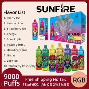 Authentieke Vapes Sunfire 9000Puffs 9K Puff Degelbare Ecigarettes 0% 2% 5% 600 mAh Batterij Mesh Mesh Coil Oplaadbare RGB Lichtvape heeft 18 ml vape 7k 12k puffs vapers