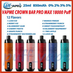 Authentic VapMe Crown Bar Pro Max 18000 Puff Electronic Cigarette 12 saveurs 25 ml Mesh Bobine 850mAh Batteras rechargeables Puffes 18K Vape stylo