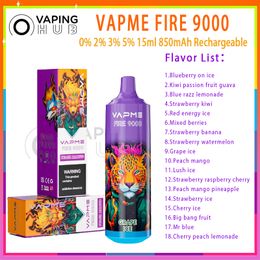 Authentic VapMe Fire 9000 Puffs Vape jetable 18 saveurs 15 ml Dispositif préfabillé 850mAh Type-C Battre de batterie rechargeable Bobine 9K E Cigarettes