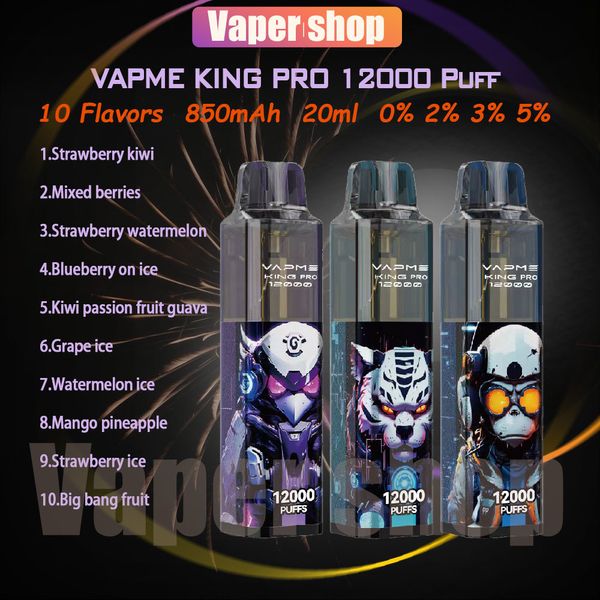 Auténtico vapme king pro 12000 bocanadas vape desechable 10 sabores de 20 ml Dispositivo prefellado 850mAh Tipo-C Batería recargable 1.0 Bobina de malla 12k E CIRCETOS