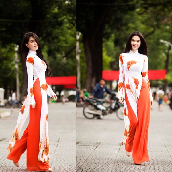 Auténtico vietnamita Aodai cheongsam Robe tradicional pantalones de pierna ancha con abertura alta Trajes de dos piezas loto de herradura vestido vietnamita Aodai fino