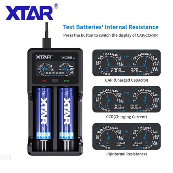 Autentico XTAR VC2SL Caricabatteria intelligente universale intelligente Batterie al litio Doppio 2 slot USB Tipo C Ricarica rapida per Li-ion Ni-MH Ni-Cd 18650 21700 20700 VC2