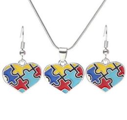 Sensibilisation à l'autisme Puzzle ensemble de bijoux coloré mode carré diamant charme collier boucle d'oreille ensemble Bracelet bijoux CCA9197 1007672508