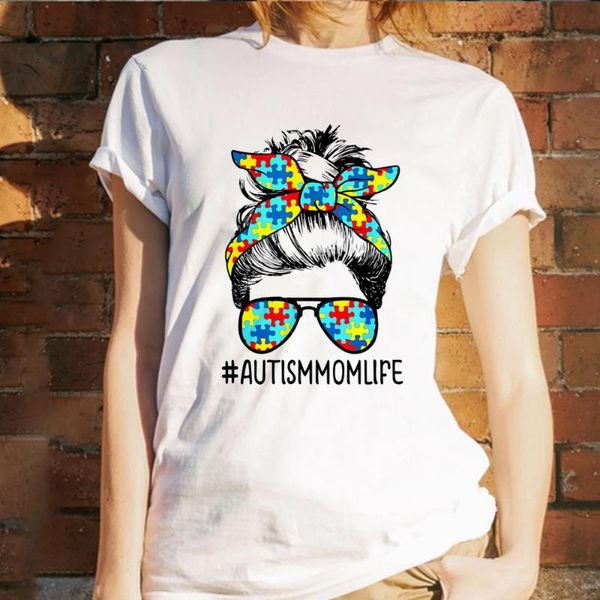 Autisme Mom Life T Shirt Messy Bun Lunettes de soleil Bandana Mothers Awarness T-shirts en coton graphique T-shirts pour hommes