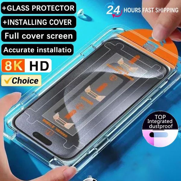 Película de vidrio templado con eliminación automática de polvo para iPhone 15 13 12 11 14 Pro Max 15Plus 8K Recubrimiento oleofóbico Protector de pantalla de cubierta completa con bandeja de kit de fácil instalación