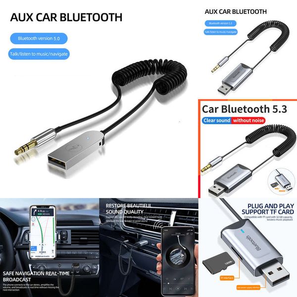 Electrónica para automóviles Adaptador Bluetooth 5.3 para automóvil Dongle USB inalámbrico estéreo a conector de 3,5 mm Adaptador de música de audio auxiliar Micrófono Llamada manos libres Ranura para tarjeta TF