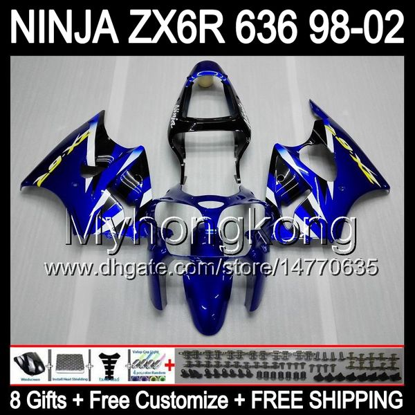 8Gifts+ Cuerpo Azul negro Para KAWASAKI ZX6R 98-02 ZX636 ZX 636 MY32 ZX-6R ZX 6R 98 99 00 01 02 Kit azul 1998 1999 2000 2001 2002 Carenado